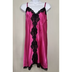 VTG Y2K Morgan Taylor Babydoll Satin Pink Slip Dress XL Chemise Lace Trim Teddy